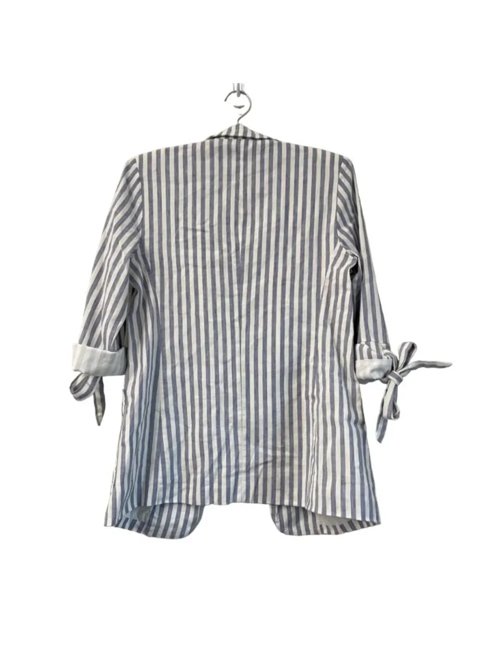 Anthro Melissa Nepton Womens Blue Striped Linen Blend Tie Sleeves Open Blazer S